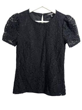 Express Women's XS Black Lace Puff Sleeve Blouse Short Sleeve Top